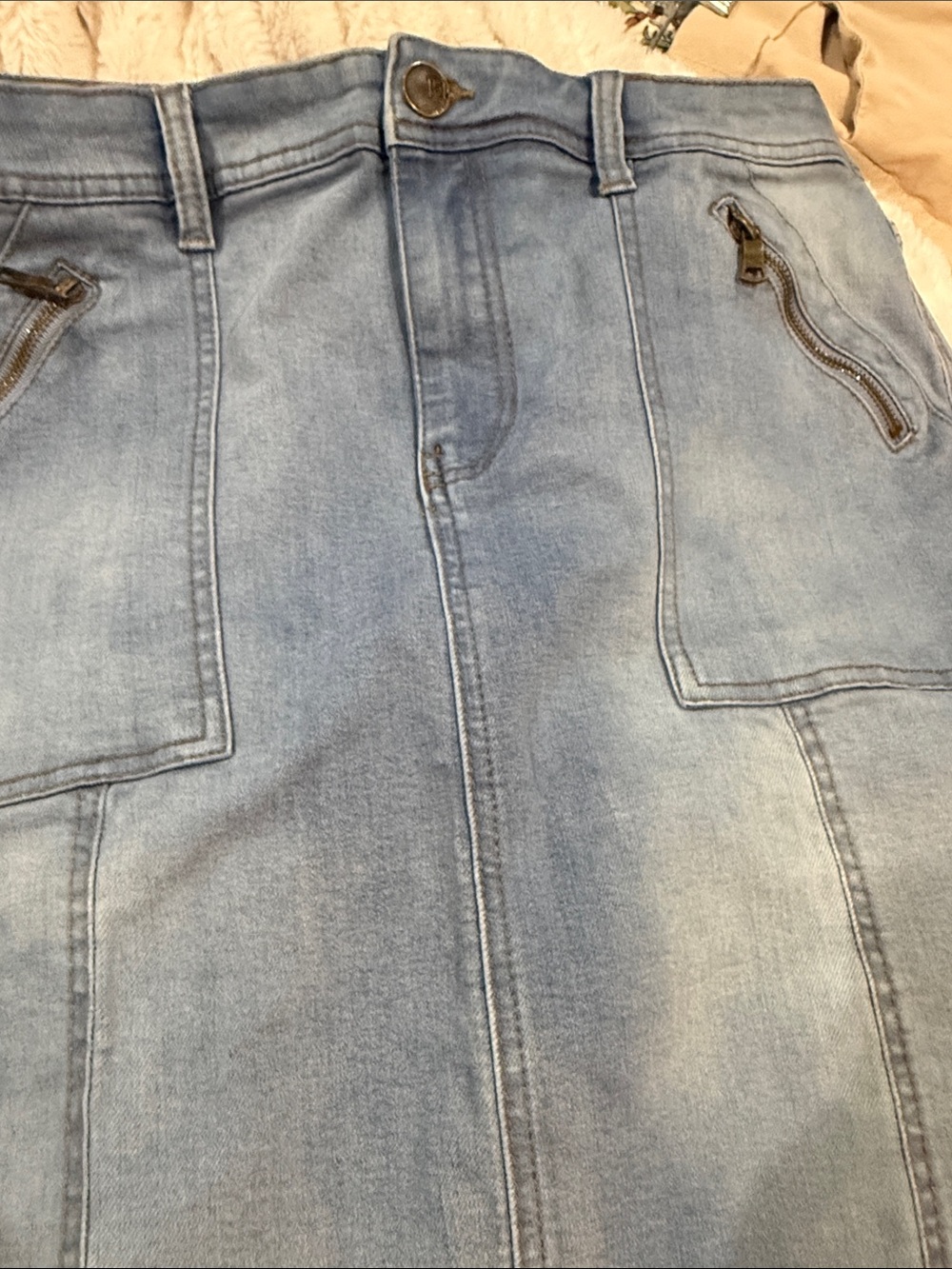 Light Blue Denim short  women’s skirt
with Front Zip Pockets